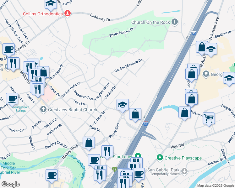 map of restaurants, bars, coffee shops, grocery stores, and more near 509A Janis Drive in Georgetown
