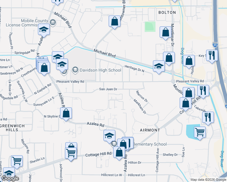 map of restaurants, bars, coffee shops, grocery stores, and more near 551 Village Green Drive East in Mobile