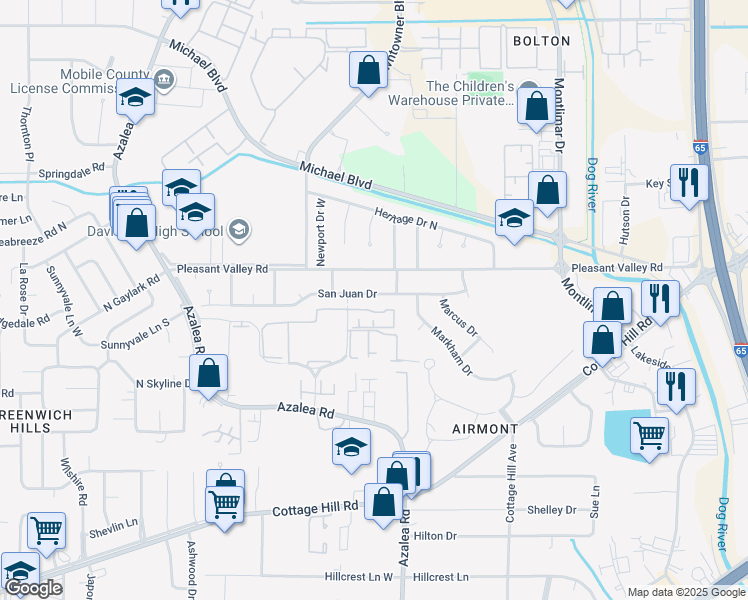 map of restaurants, bars, coffee shops, grocery stores, and more near 551 Village Green Drive East in Mobile