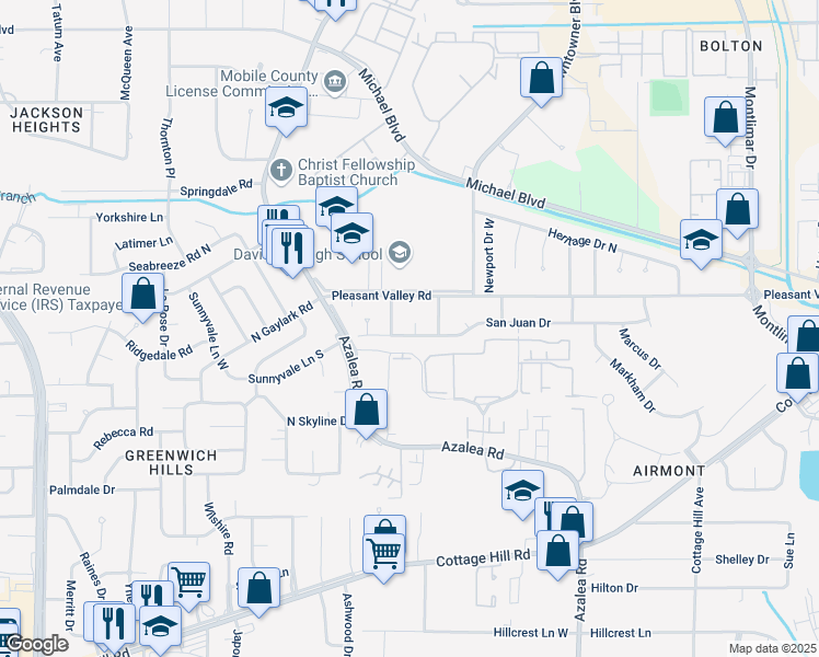 map of restaurants, bars, coffee shops, grocery stores, and more near 3858 San Juan Drive in Mobile