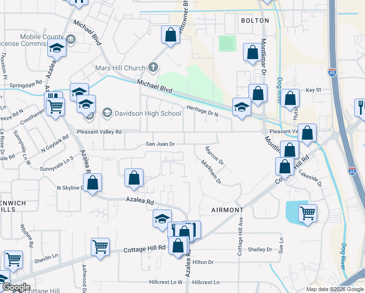 map of restaurants, bars, coffee shops, grocery stores, and more near 62 Berwick Court in Mobile