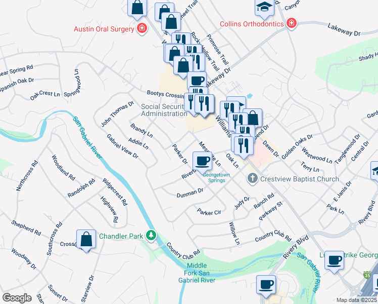 map of restaurants, bars, coffee shops, grocery stores, and more near 2808 Parker Drive in Georgetown