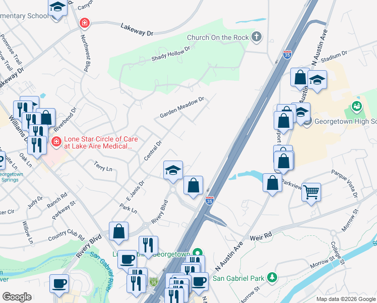 map of restaurants, bars, coffee shops, grocery stores, and more near 1617 Northwest Boulevard in Georgetown