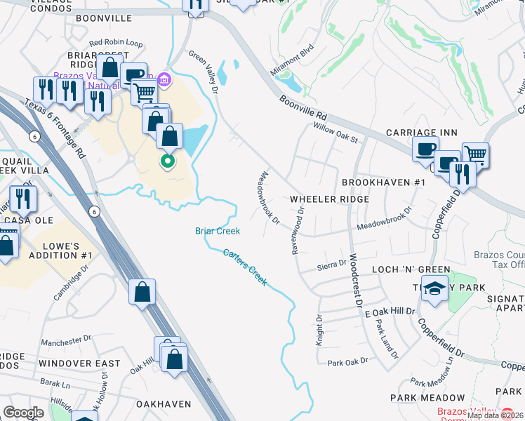 map of restaurants, bars, coffee shops, grocery stores, and more near 3504 Broad Oak Circle in Bryan
