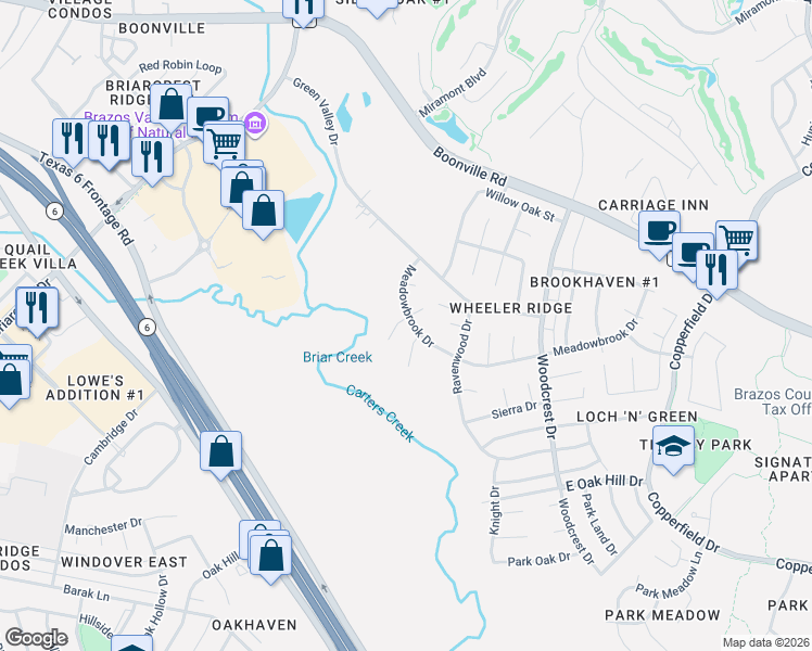 map of restaurants, bars, coffee shops, grocery stores, and more near 3504 Broad Oak Circle in Bryan