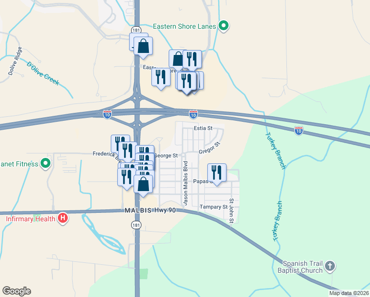 map of restaurants, bars, coffee shops, grocery stores, and more near 29882 Saint Barbara Street in Daphne