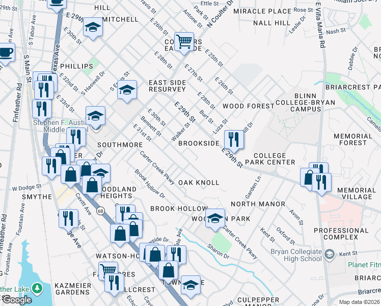 map of restaurants, bars, coffee shops, grocery stores, and more near 1562 Bennett Street in Bryan