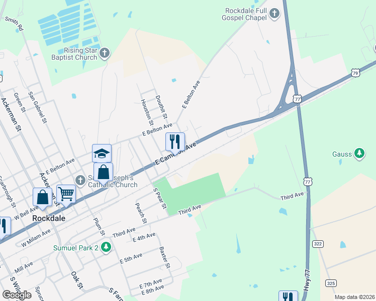 map of restaurants, bars, coffee shops, grocery stores, and more near 1104 East Cameron Avenue in Rockdale