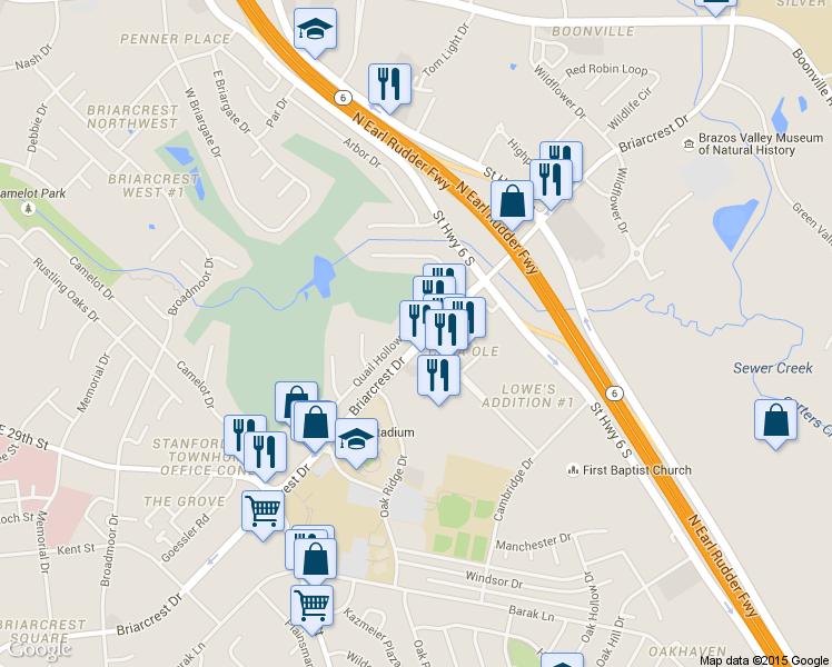 map of restaurants, bars, coffee shops, grocery stores, and more near 2210 Briarcrest Drive in Bryan