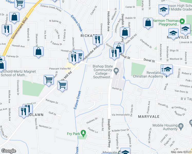 map of restaurants, bars, coffee shops, grocery stores, and more near 907 West Victory Drive in Mobile