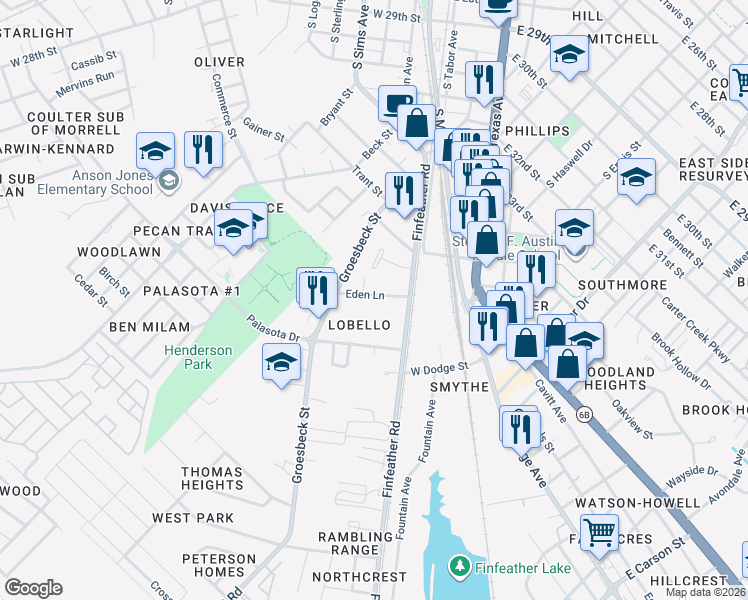 map of restaurants, bars, coffee shops, grocery stores, and more near 409 Eden Lane in Bryan