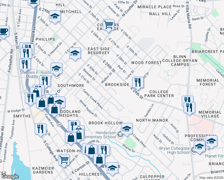 map of restaurants, bars, coffee shops, grocery stores, and more near 1562 Bennett Street in Bryan