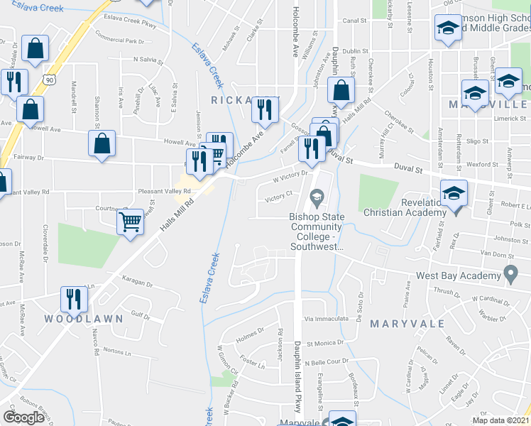 map of restaurants, bars, coffee shops, grocery stores, and more near 2066 East Victory Drive in Mobile