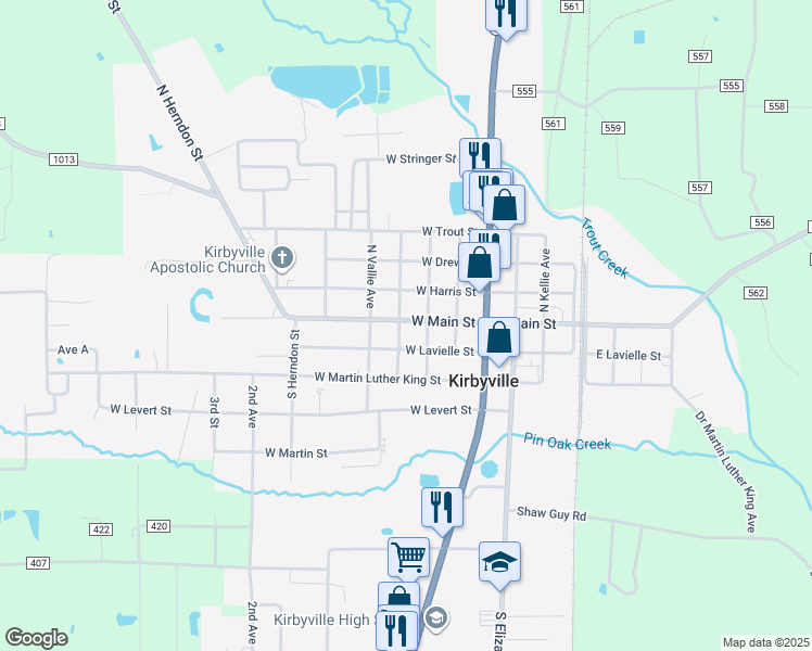 map of restaurants, bars, coffee shops, grocery stores, and more near 303 West Main Street in Kirbyville