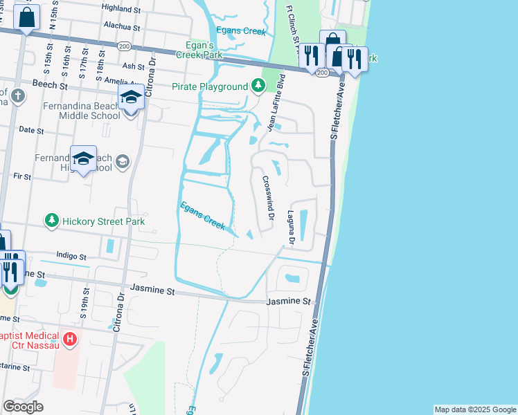 map of restaurants, bars, coffee shops, grocery stores, and more near 502 Seaside Drive in Fernandina Beach