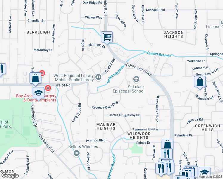map of restaurants, bars, coffee shops, grocery stores, and more near 5512 Oak Park Court in Mobile