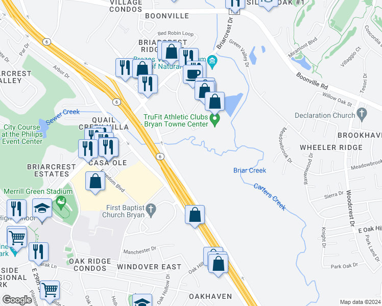 map of restaurants, bars, coffee shops, grocery stores, and more near State Highway 6 South in Bryan