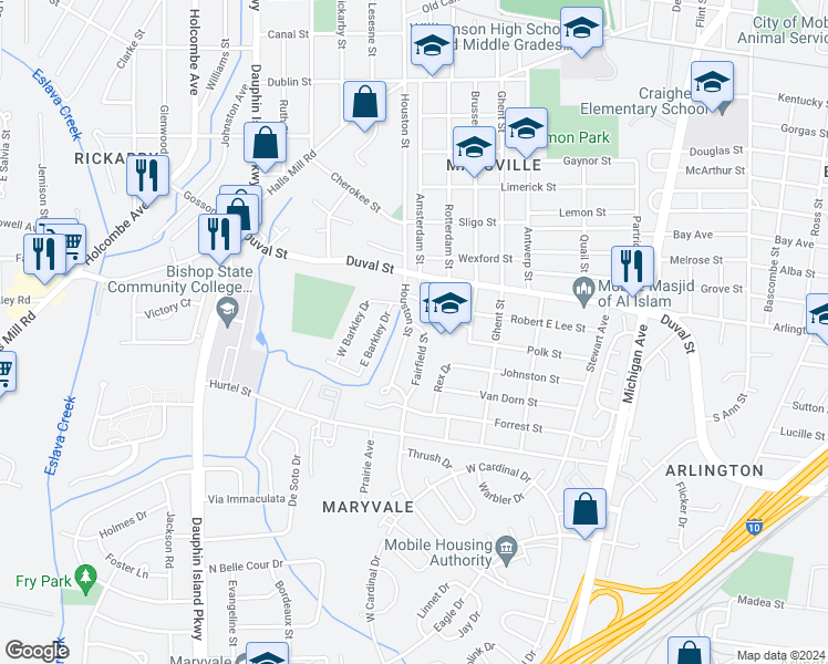 map of restaurants, bars, coffee shops, grocery stores, and more near 1455 Houston Street in Mobile