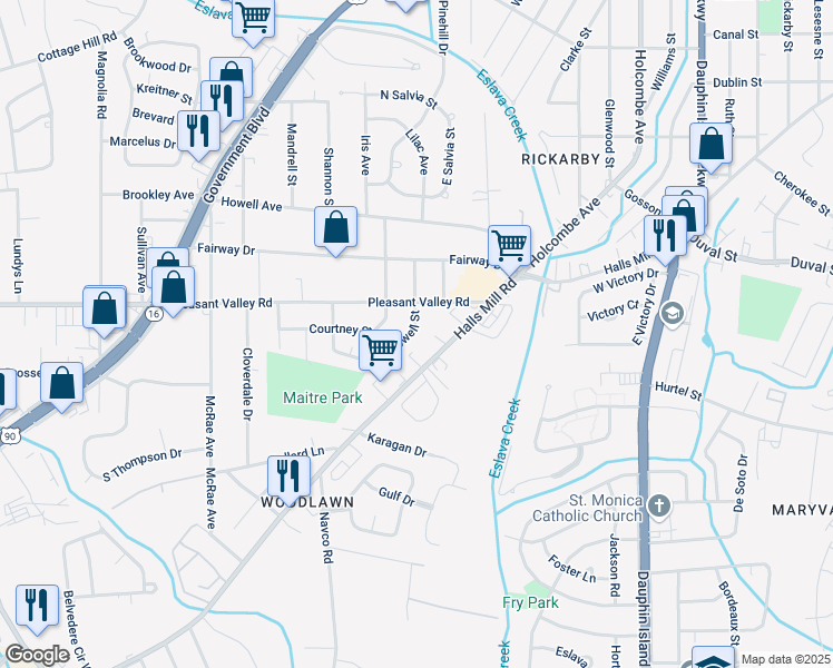 map of restaurants, bars, coffee shops, grocery stores, and more near 911 Rowell Street in Mobile