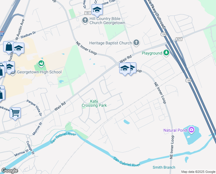 map of restaurants, bars, coffee shops, grocery stores, and more near 1002 Janae Court in Georgetown