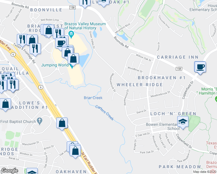 map of restaurants, bars, coffee shops, grocery stores, and more near 3511 Broad Oak Circle in Bryan