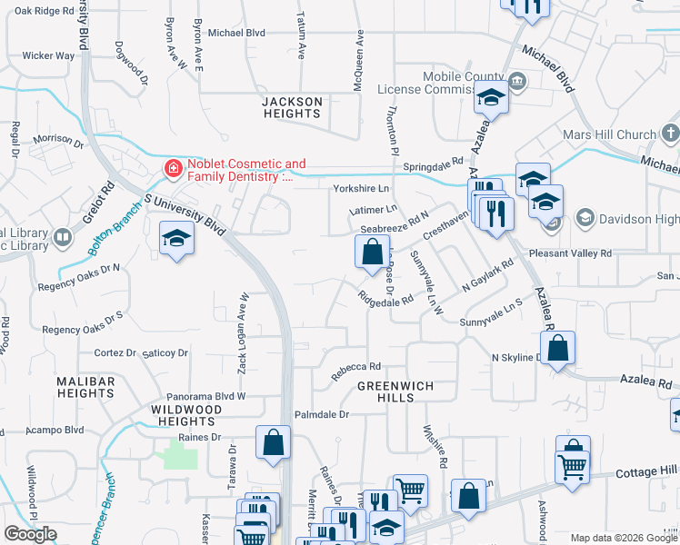 map of restaurants, bars, coffee shops, grocery stores, and more near 5065 Ridgedale Road in Mobile