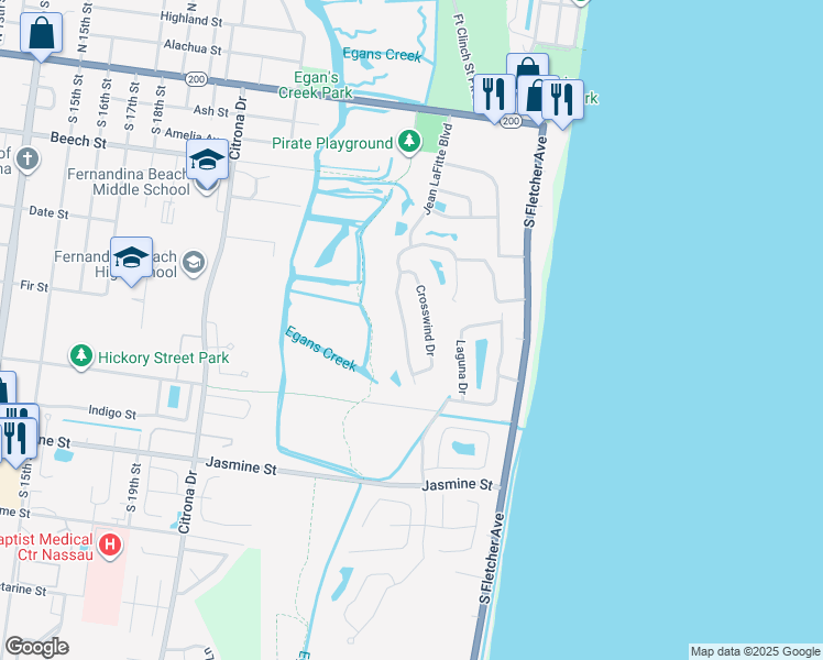 map of restaurants, bars, coffee shops, grocery stores, and more near 500 Starboard Landing in Fernandina Beach