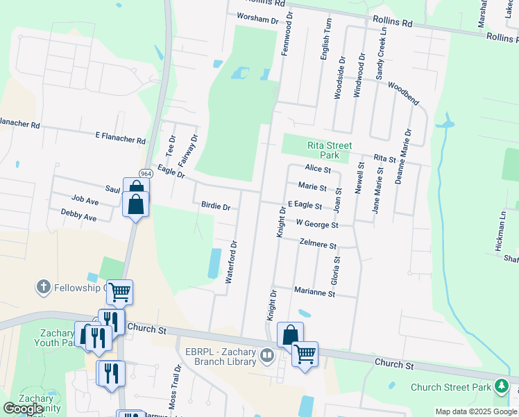 map of restaurants, bars, coffee shops, grocery stores, and more near 5489 Fennwood Drive in Zachary