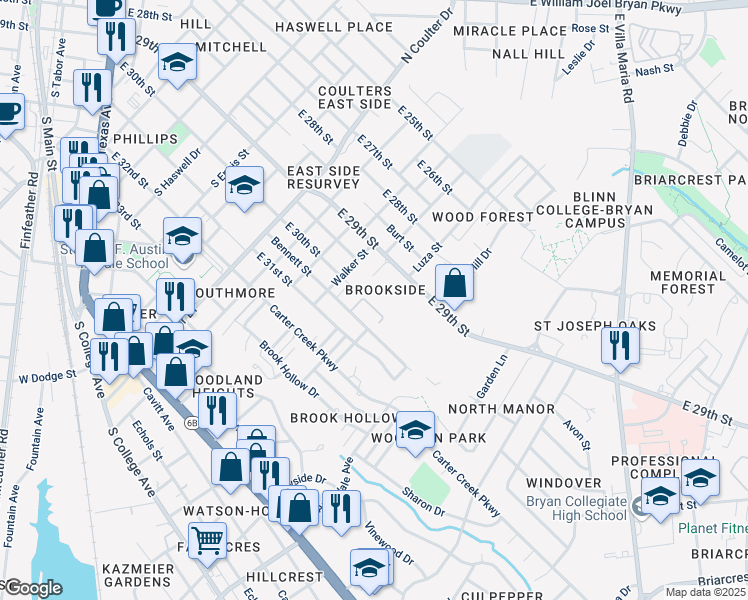 map of restaurants, bars, coffee shops, grocery stores, and more near 1525 East 29th Street in Bryan