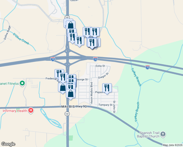 map of restaurants, bars, coffee shops, grocery stores, and more near 29951 Saint Helen Street in Daphne