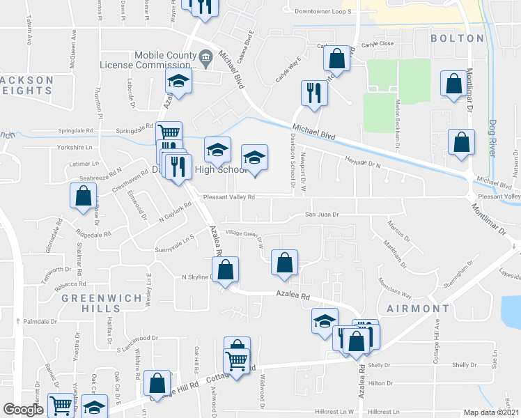 map of restaurants, bars, coffee shops, grocery stores, and more near 509 Valencia Circle in Mobile