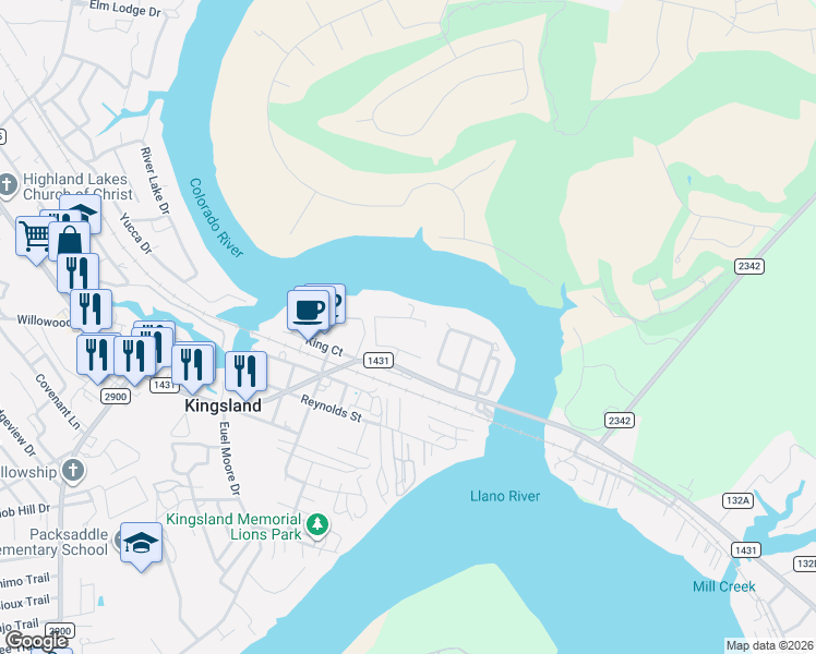 map of restaurants, bars, coffee shops, grocery stores, and more near 100 Mae Loop in Kingsland