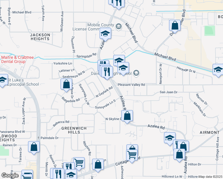 map of restaurants, bars, coffee shops, grocery stores, and more near 3953 North Gaylark Road in Mobile