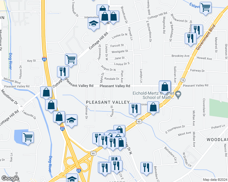 map of restaurants, bars, coffee shops, grocery stores, and more near 905 Kenny Street in Mobile