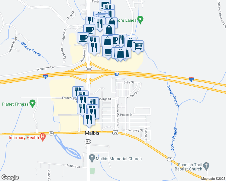 map of restaurants, bars, coffee shops, grocery stores, and more near 29919 Saint Barbara Street in Daphne