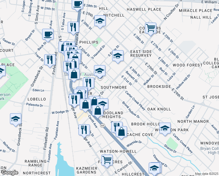 map of restaurants, bars, coffee shops, grocery stores, and more near 809 South Coulter Drive in Bryan