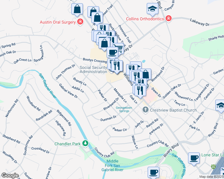 map of restaurants, bars, coffee shops, grocery stores, and more near 2900 Mesquite Lane in Georgetown