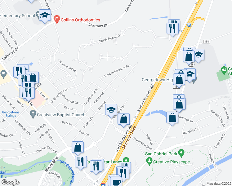 map of restaurants, bars, coffee shops, grocery stores, and more near 1604 Garden Villa Drive in Georgetown