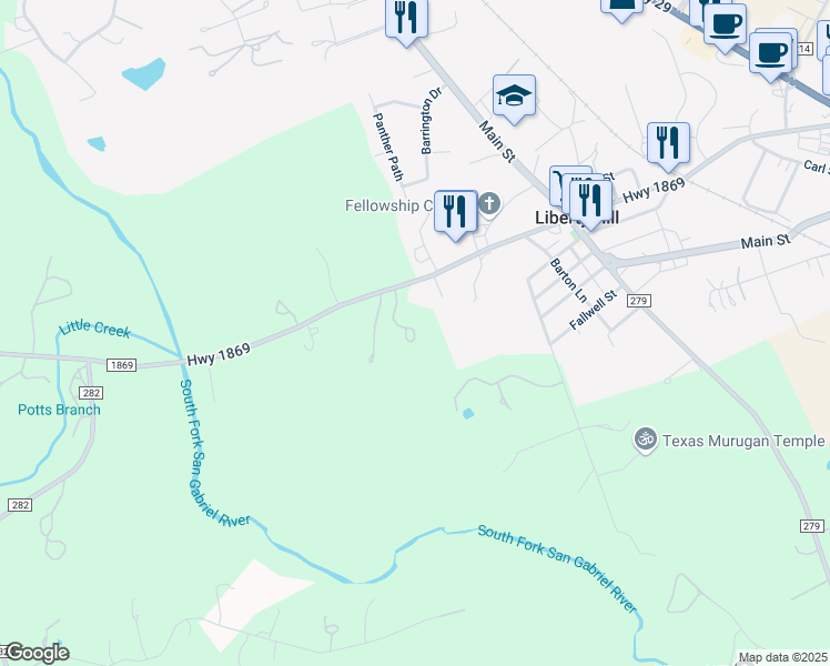 map of restaurants, bars, coffee shops, grocery stores, and more near 3719 Ranch Road 1869 in Liberty Hill