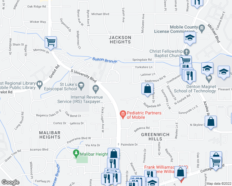 map of restaurants, bars, coffee shops, grocery stores, and more near 1515 South University Boulevard in Mobile