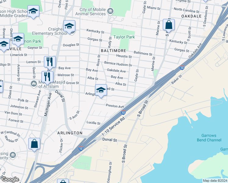 map of restaurants, bars, coffee shops, grocery stores, and more near 1071 Cottrell Street in Mobile
