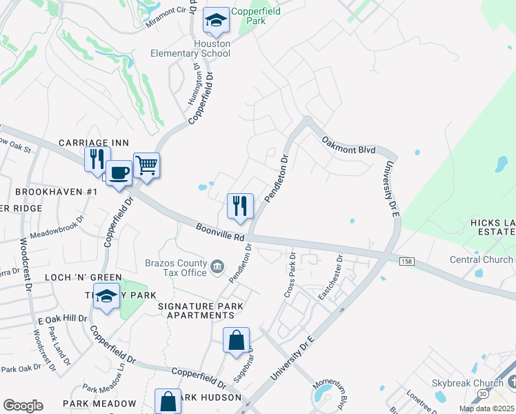 map of restaurants, bars, coffee shops, grocery stores, and more near 4225 Pendleton Drive in Bryan