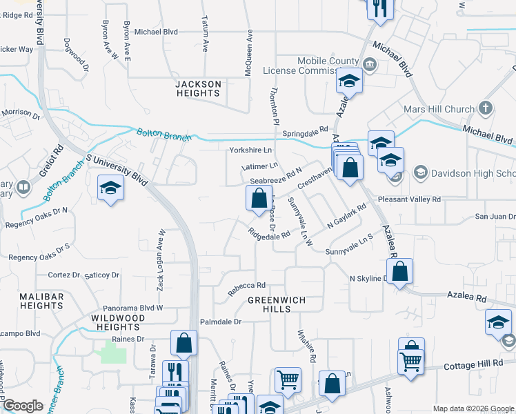 map of restaurants, bars, coffee shops, grocery stores, and more near 400 La Rose Drive in Mobile