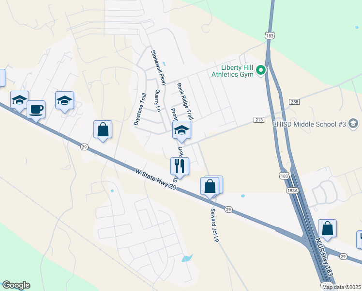 map of restaurants, bars, coffee shops, grocery stores, and more near 83 Prospector Lane in Liberty Hill
