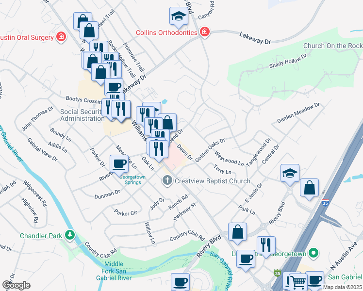 map of restaurants, bars, coffee shops, grocery stores, and more near 2501 Williams Drive in Georgetown