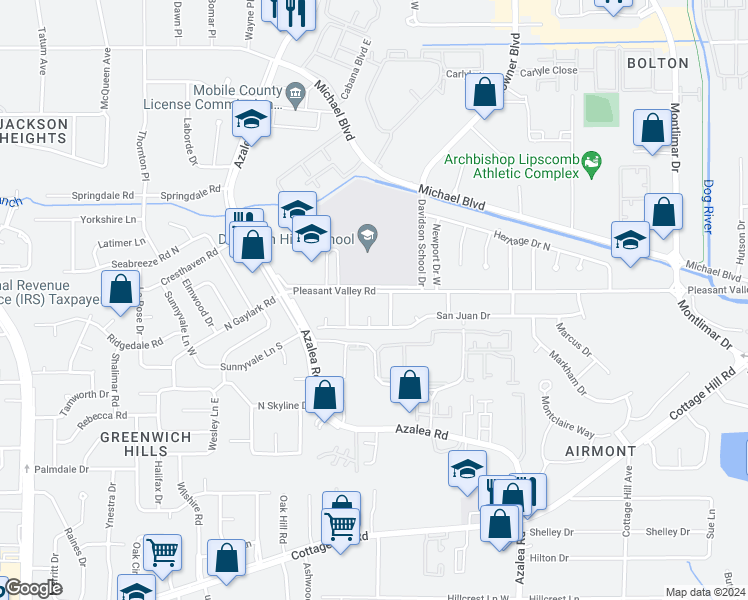 map of restaurants, bars, coffee shops, grocery stores, and more near 3855 Pleasant Valley Road in Mobile