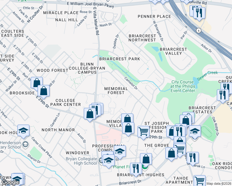 map of restaurants, bars, coffee shops, grocery stores, and more near 2505 Briarwood Circle in Bryan