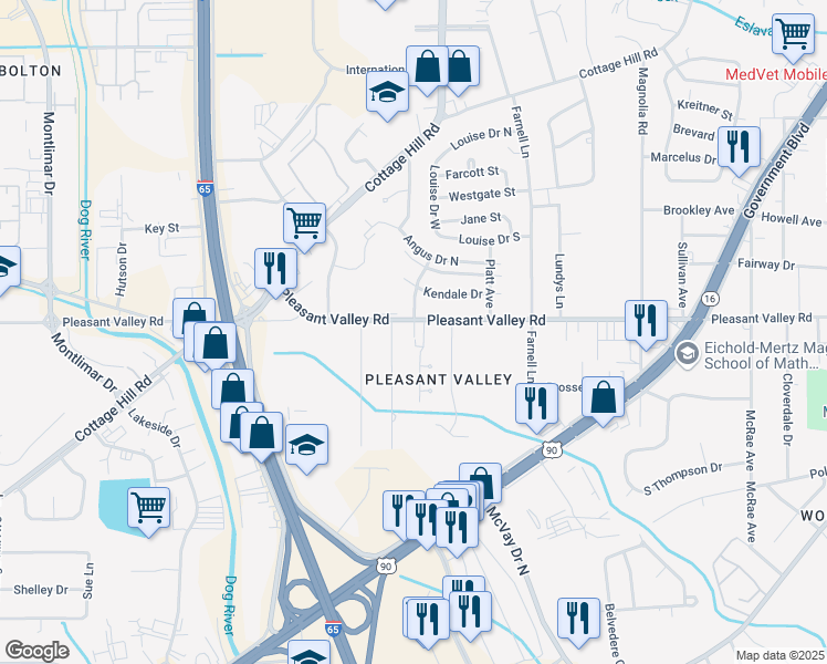 map of restaurants, bars, coffee shops, grocery stores, and more near 3171 Pleasant Valley Road in Mobile
