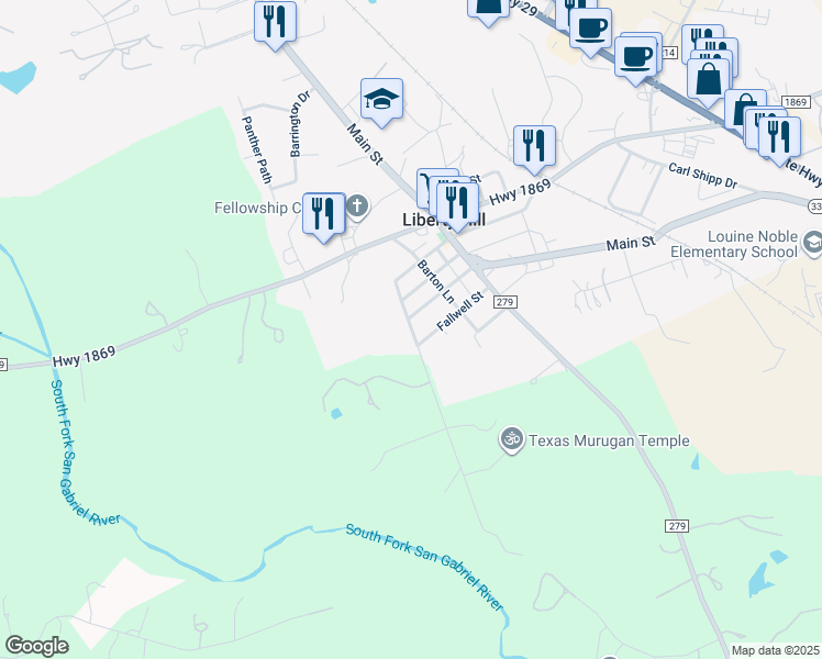 map of restaurants, bars, coffee shops, grocery stores, and more near 200 Stubblefield Lane in Liberty Hill