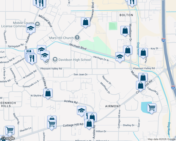 map of restaurants, bars, coffee shops, grocery stores, and more near 3760 Pleasant Valley Road in Mobile